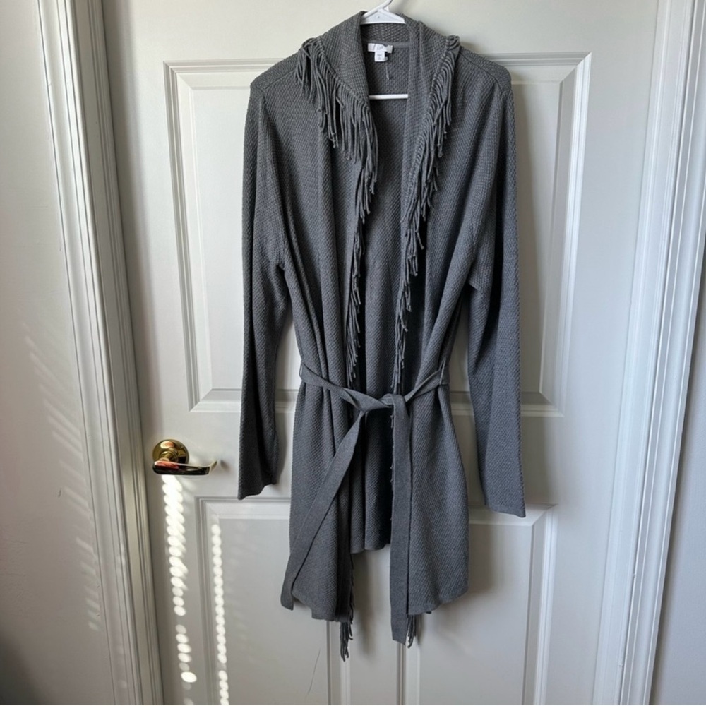 J.Jill Fringe Knit Cardigan Dark Gray Belted Sweater Shawl Collar Size L Tall
